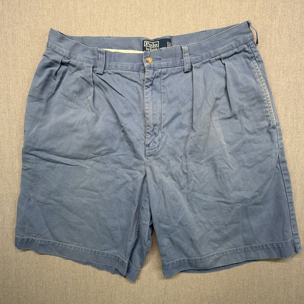 VINTAGE Ralph Lauren Mens Shorts 34 Blue Chino Tyler Pockets Pleated Preppy Logo